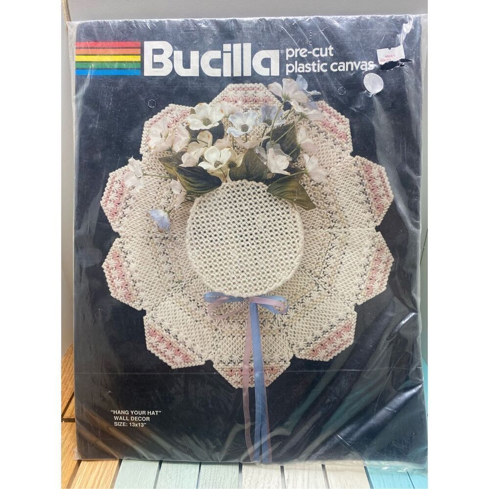 Bucilla Plastic Canvas Kit 5946 Hang Your Hat Wall Decor Pre-Cut 13”x13” Vintage